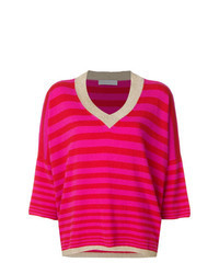 fuchsia horizontal gestreifter Pullover mit einem V-Ausschnitt