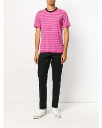 fuchsia horizontal gestreiftes T-Shirt mit einem Rundhalsausschnitt von AMI Alexandre Mattiussi