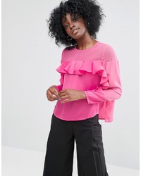 fuchsia Satin Bluse mit Rüschen