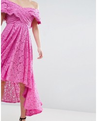fuchsia schulterfreies Kleid aus Spitze von Asos