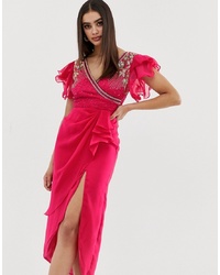 fuchsia verziertes Wickelkleid