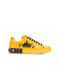 gelbe bedruckte Leder niedrige Sneakers