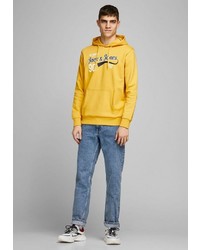 gelber bedruckter Pullover mit einem Kapuze von Jack & Jones