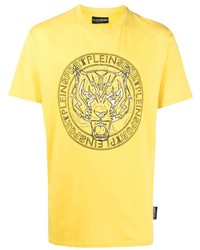 gelbes bedrucktes T-Shirt mit einem Rundhalsausschnitt von Plein Sport