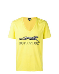 gelbes bedrucktes T-Shirt mit einem V-Ausschnitt von Just Cavalli
