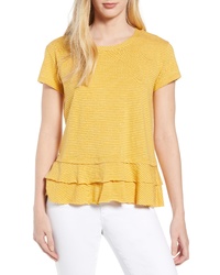 gelbes horizontal gestreiftes T-Shirt mit einem Rundhalsausschnitt