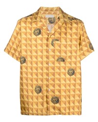 gelbes Seide Kurzarmhemd mit geometrischem Muster von Paura