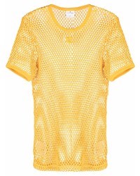 gelbes T-Shirt mit einem Rundhalsausschnitt aus Netzstoff von Courrèges