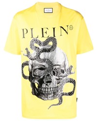 gelbes T-Shirt mit einem Rundhalsausschnitt mit Schlangenmuster von Philipp Plein