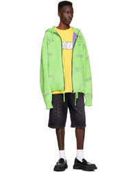gelbgrüner bedruckter Fleece-Pullover mit einem Kapuze von We11done