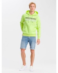 gelbgrüner bedruckter Pullover mit einem Kapuze von Cross Jeans