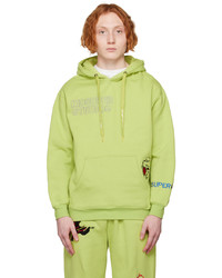 gelbgrüner bestickter Fleece-Pullover mit einem Kapuze von KidSuper