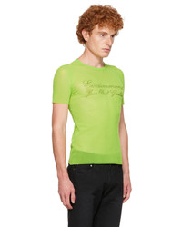 gelbgrünes bedrucktes T-Shirt mit einem Rundhalsausschnitt aus Netzstoff von Jean Paul Gaultier