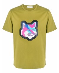 gelbgrünes bedrucktes T-Shirt mit einem Rundhalsausschnitt von MAISON KITSUNÉ