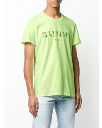 gelbgrünes bedrucktes T-Shirt mit einem Rundhalsausschnitt von Balmain