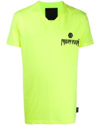 gelbgrünes bedrucktes T-Shirt mit einem V-Ausschnitt von Philipp Plein