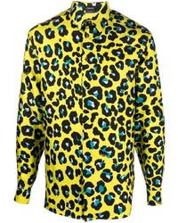 gelbgrünes Langarmhemd mit Leopardenmuster