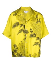 gelbgrünes Seide Kurzarmhemd mit Blumenmuster von Act N°1