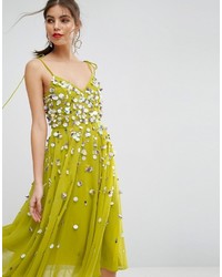 gelbgrünes verziertes Camisole-Kleid von Asos