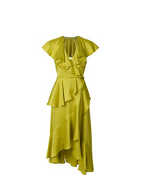 gelbgrünes Wickelkleid mit Rüschen von Temperley London