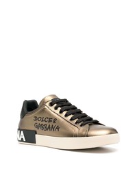 goldene bedruckte Leder niedrige Sneakers von Dolce & Gabbana