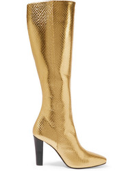 goldene kniehohe Stiefel aus Leder mit Schlangenmuster von Saint Laurent