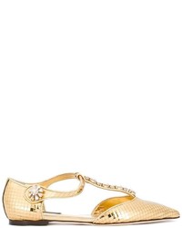 goldene verzierte Leder Ballerinas von Dolce & Gabbana