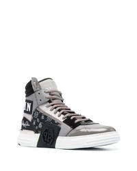 graue bedruckte hohe Sneakers aus Leder von Philipp Plein