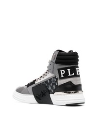 graue bedruckte hohe Sneakers aus Leder von Philipp Plein