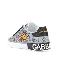 graue bedruckte Leder niedrige Sneakers von Dolce & Gabbana
