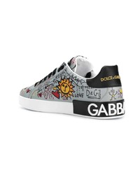 graue bedruckte Leder niedrige Sneakers von Dolce & Gabbana