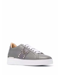 graue beschlagene Leder niedrige Sneakers von Philipp Plein