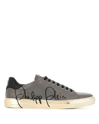graue Leder niedrige Sneakers von Philipp Plein