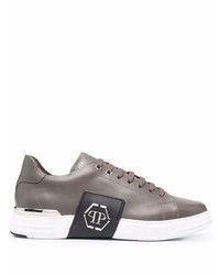 graue Leder niedrige Sneakers von Philipp Plein