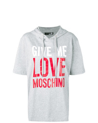 grauer bedruckter Kurzarmpullover mit einem Kapuze von Love Moschino