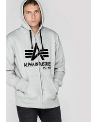 grauer bedruckter Pullover mit einem Kapuze von Alpha Industries