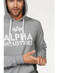 grauer bedruckter Pullover mit einem Kapuze von Alpha Industries