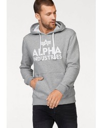 grauer bedruckter Pullover mit einem Kapuze von Alpha Industries