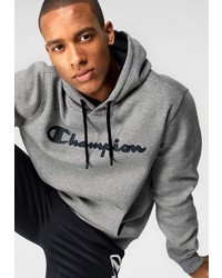 grauer bedruckter Pullover mit einem Kapuze von Champion