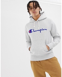 grauer bedruckter Pullover mit einem Kapuze von Champion