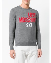 grauer bedruckter Pullover mit einem Rundhalsausschnitt von Love Moschino