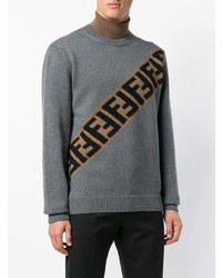 grauer bedruckter Pullover mit einem Rundhalsausschnitt von Fendi