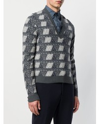 grauer bedruckter Pullover mit einem V-Ausschnitt von Prada