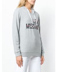 grauer bedruckter Pullover mit einer Kapuze von Love Moschino