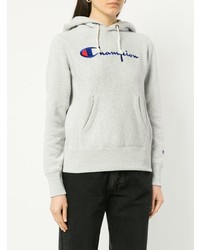 grauer bedruckter Pullover mit einer Kapuze von Champion