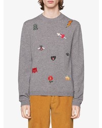 grauer bestickter Pullover mit einem Rundhalsausschnitt von Gucci