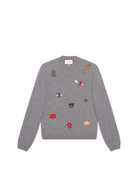 grauer bestickter Pullover mit einem Rundhalsausschnitt von Gucci