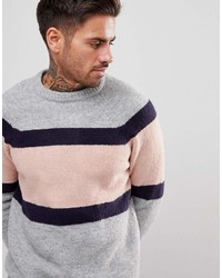 grauer horizontal gestreifter Pullover mit einem Rundhalsausschnitt von Pull&Bear