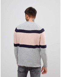 grauer horizontal gestreifter Pullover mit einem Rundhalsausschnitt von Pull&Bear