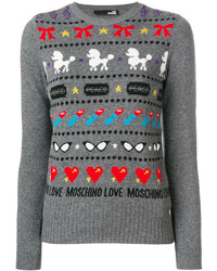 grauer horizontal gestreifter Pullover mit einem Rundhalsausschnitt von Love Moschino